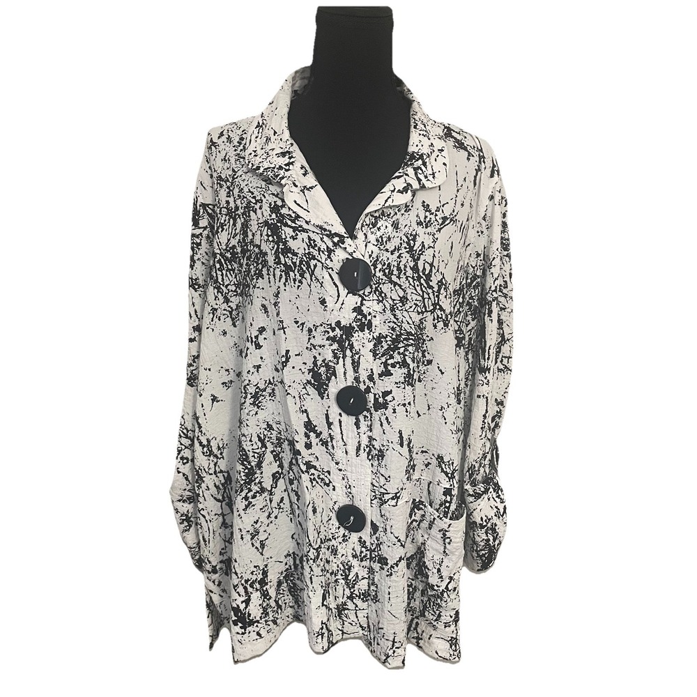 ALI MILES Sz L Art to Wear Textured Black White Blouse Shirt Top Lagenlook Artsy